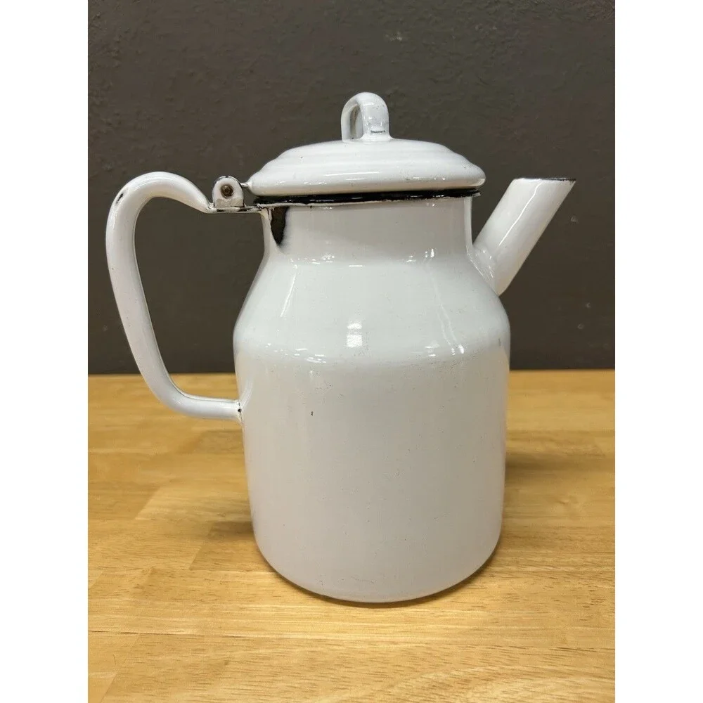 Vintage Enamelware Cowboy Coffee Pot Kettle White Black Camp Farmhouse Rustic
